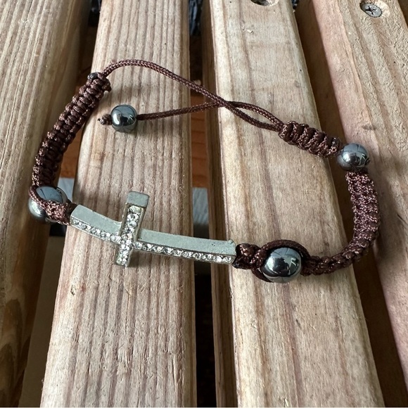 Cross Bracelet Crystals Brown String Adjustable Religious Jesus Christian - Picture 4 of 9
